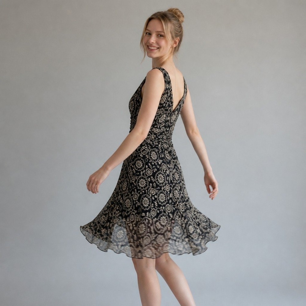 London times Black Floral Sunburst Chiffon V-Neck Ruched Mini Dress Sleeveless